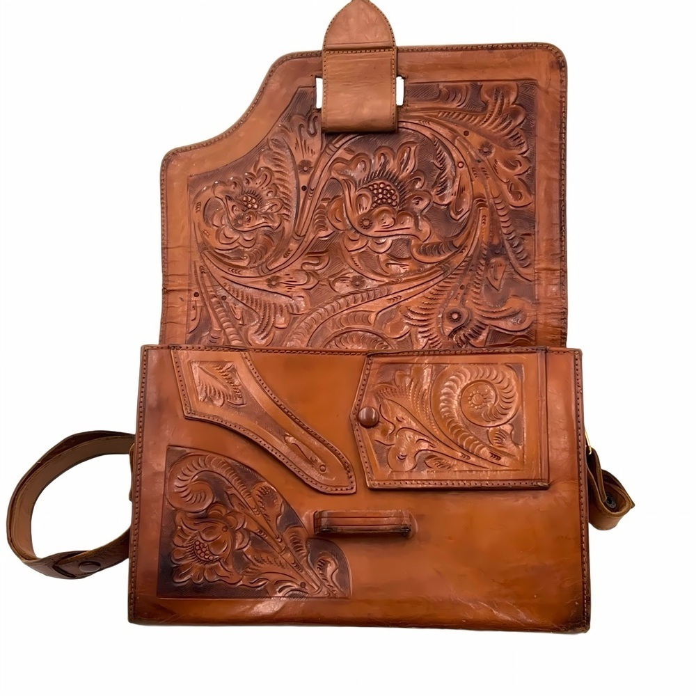 Vintage Mexican Tooled Leather Organizer Crossbody Boho Western Floral Purse Bag - Picture 6 of 13